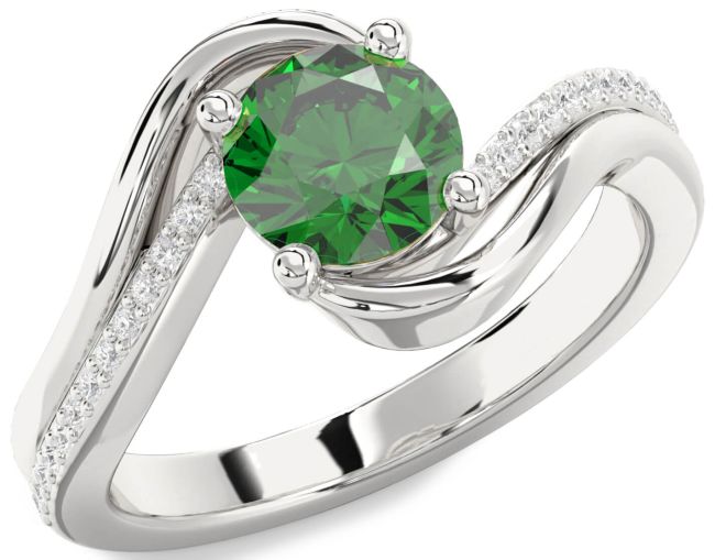 Diamond Emerald Silver Round Solitaire Engagement Ring