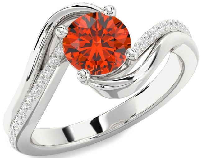 Diamond Fire Opal Silver Round Solitaire Engagement Ring