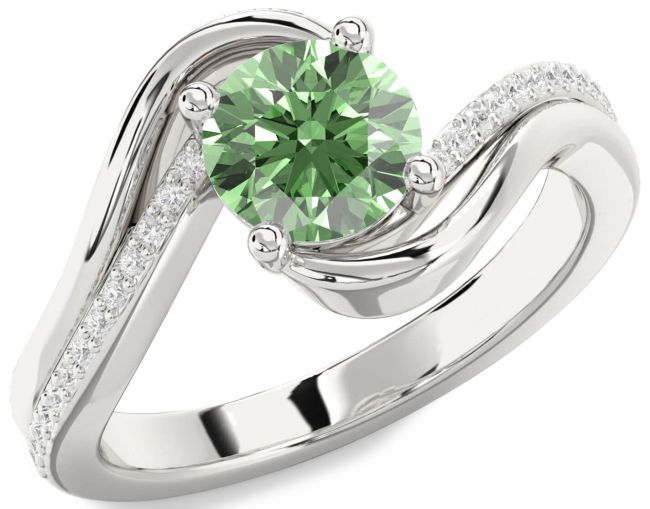 Green Diamond Silver Round Solitaire Engagement Ring