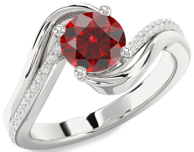 Diamond Garnet Silver Round Solitaire Engagement Ring