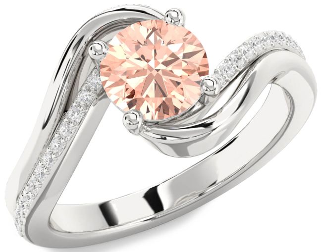Diamond Morganite Silver Round Solitaire Engagement Ring