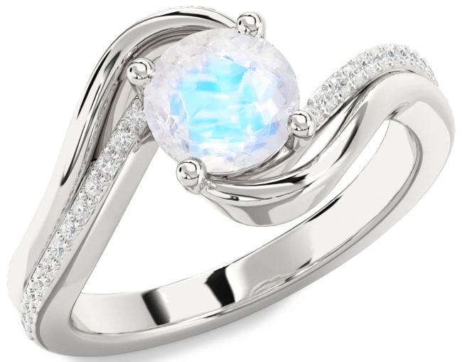 Diamond Moonstone Silver Round Solitaire Engagement Ring
