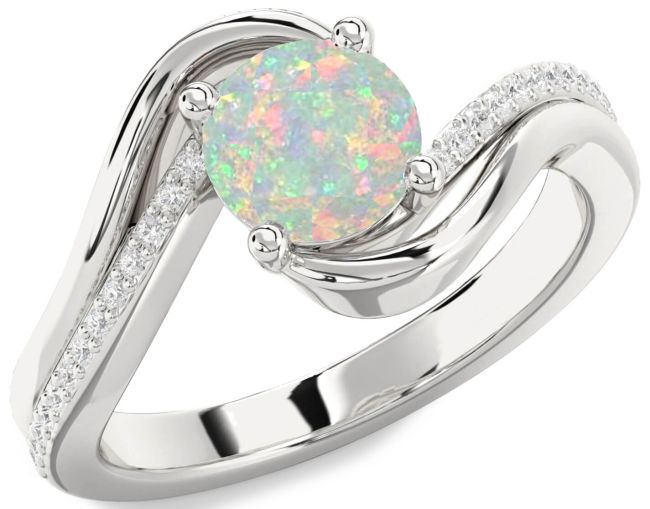 Diamond Opal Silver Round Solitaire Engagement Ring