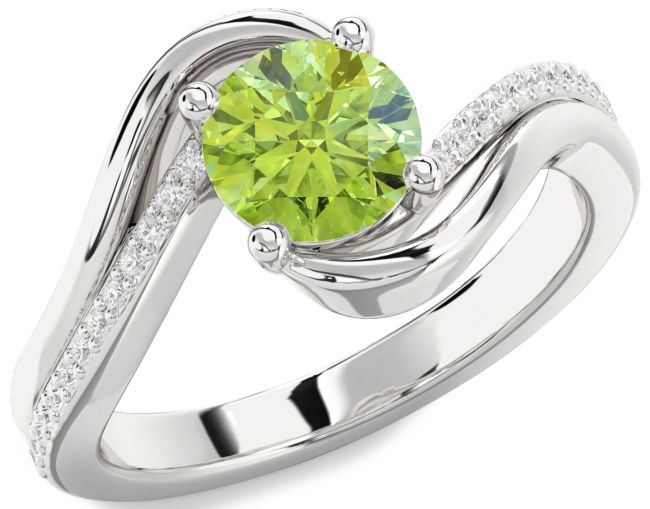 Diamond Peridot Silver Round Solitaire Engagement Ring