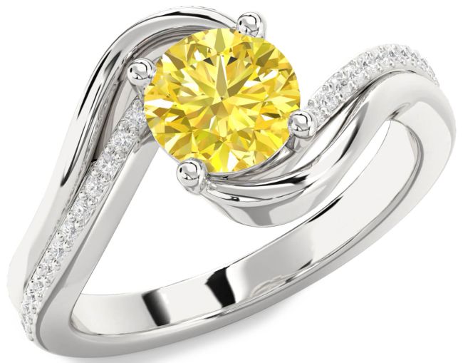 Yellow Diamond Silver Round Solitaire Engagement Ring