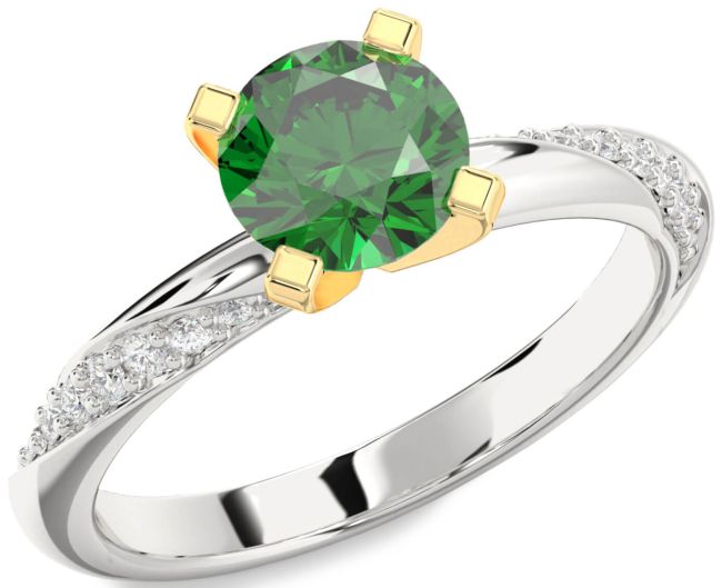 Diamond Emerald Silver & 10K gold Round Solitaire Engagement Ring