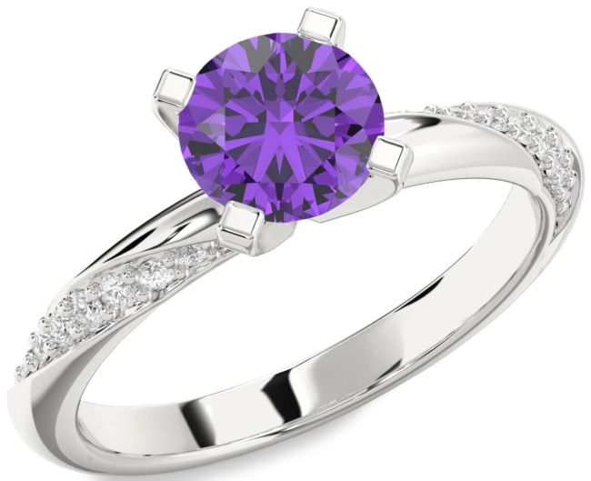 Diamond Amethyst Silver Round Solitaire Engagement Ring