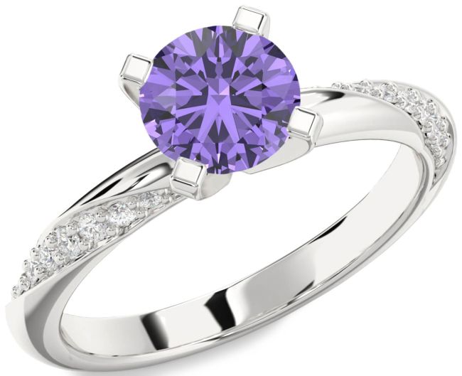 Diamond Alexandrite Silver Round Solitaire Engagement Ring