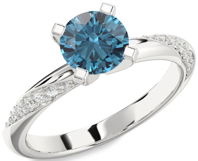 Blue Diamond Silver Round Solitaire Engagement Ring