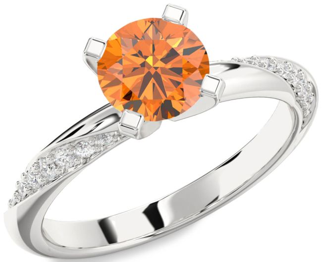 Diamond Citrine Silver Round Solitaire Engagement Ring