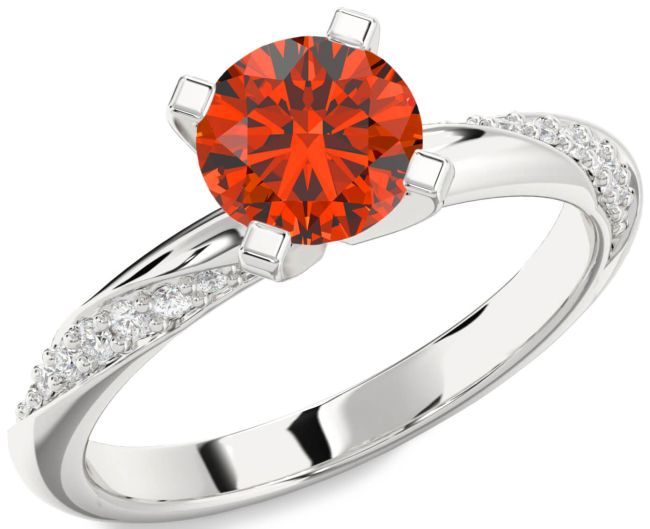 Diamond Fire Opal Silver Round Solitaire Engagement Ring