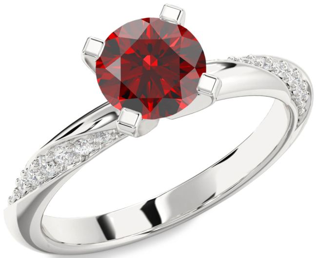 Diamond Garnet Silver Round Solitaire Engagement Ring