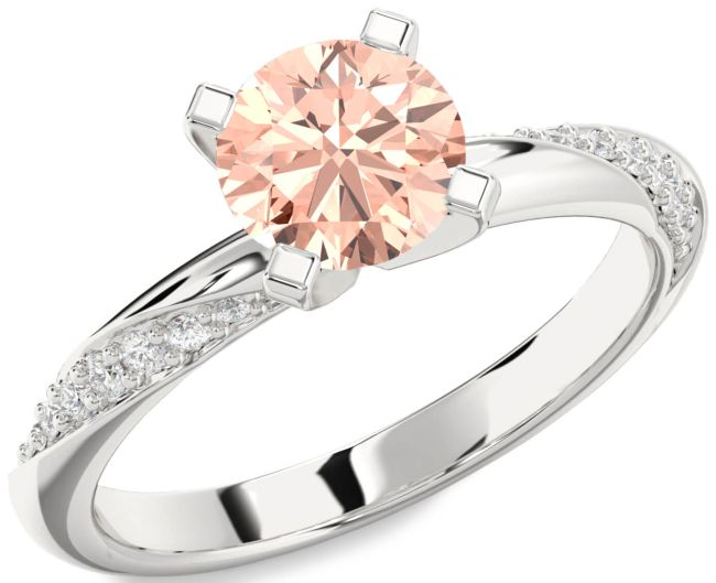 Diamond Morganite Silver Round Solitaire Engagement Ring