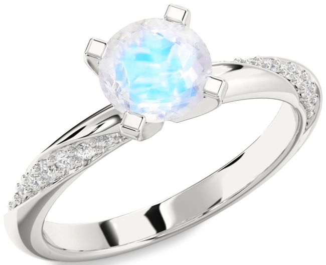 Diamond Moonstone Silver Round Solitaire Engagement Ring