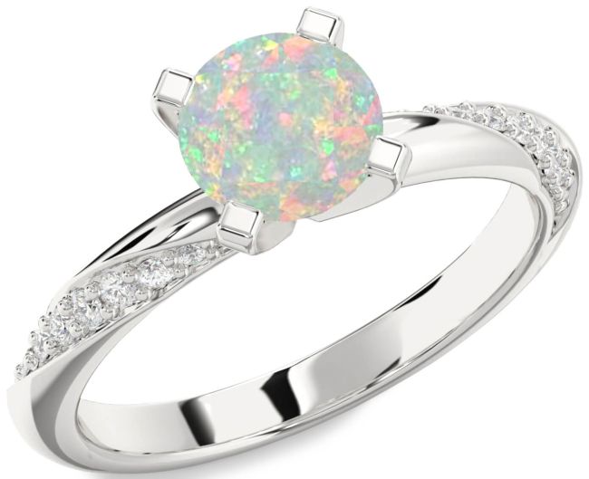 Diamond Opal Silver Round Solitaire Engagement Ring