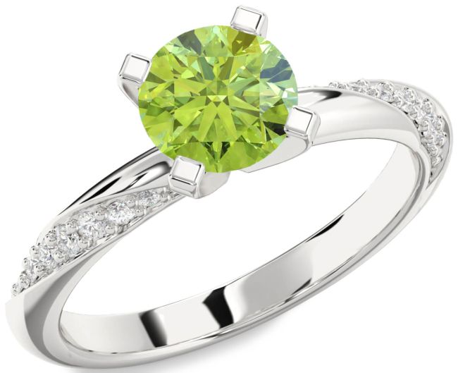 Diamond Peridot Silver Round Solitaire Engagement Ring
