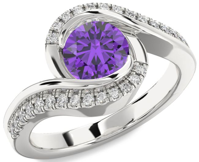 Diamond Amethyst Silver Round Solitaire Engagement Ring