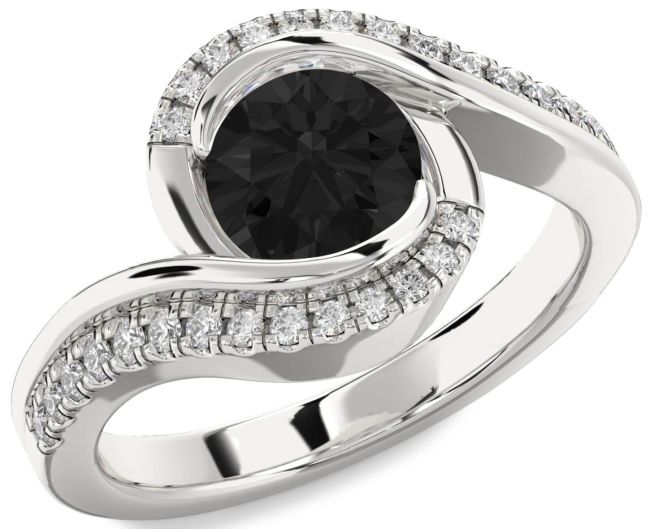 Black Diamond Silver Round Solitaire Engagement Ring