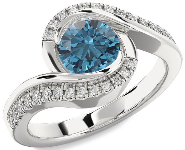 Blue Diamond Silver Round Solitaire Engagement Ring