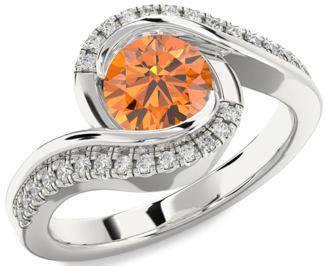 Diamond Citrine Silver Round Solitaire Engagement Ring