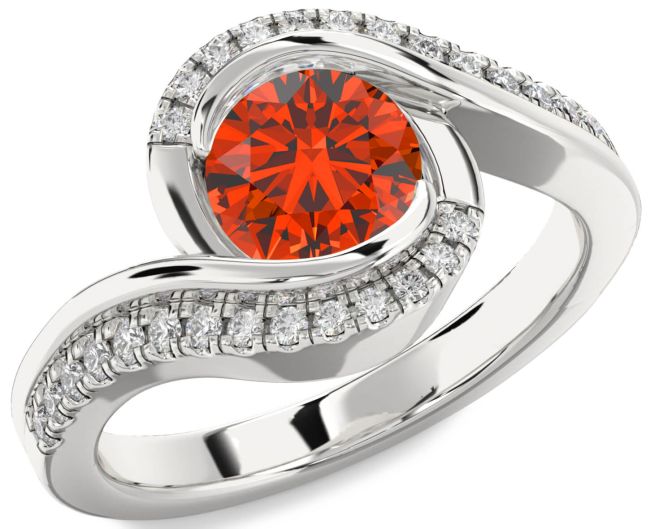 Diamond Fire Opal Silver Round Solitaire Engagement Ring