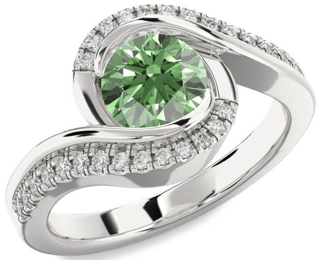 Green Diamond Silver Round Solitaire Engagement Ring
