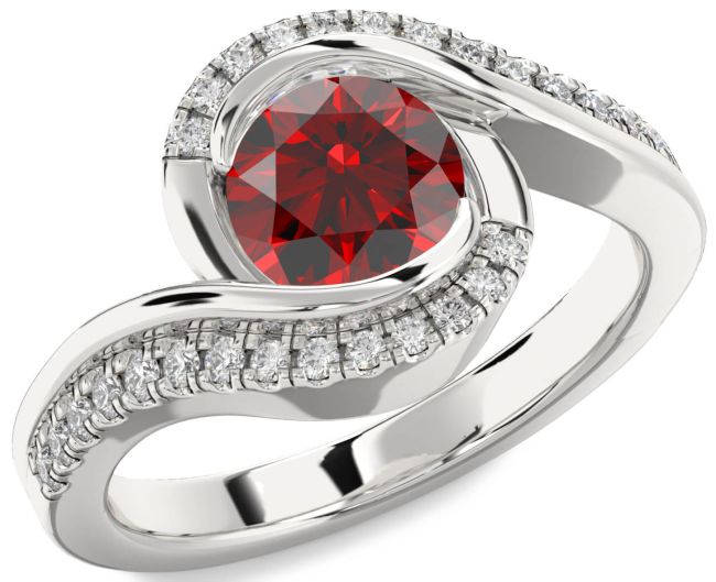 Diamond Garnet Silver Round Solitaire Engagement Ring