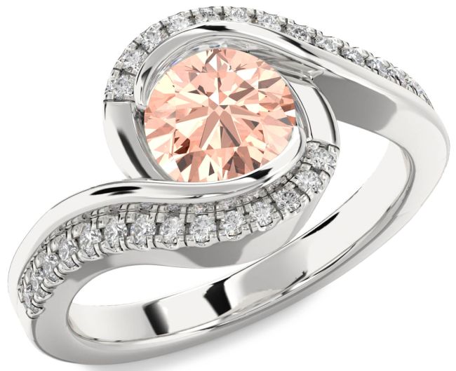 Diamond Morganite Silver Round Solitaire Engagement Ring