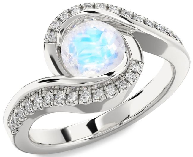 Diamond Moonstone Silver Round Solitaire Engagement Ring