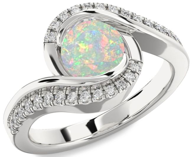 Diamond Opal Silver Round Solitaire Engagement Ring