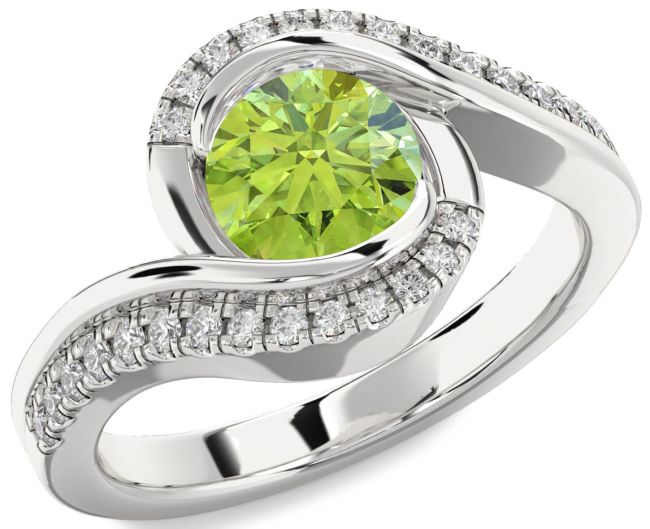 Diamond Peridot Silver Round Solitaire Engagement Ring