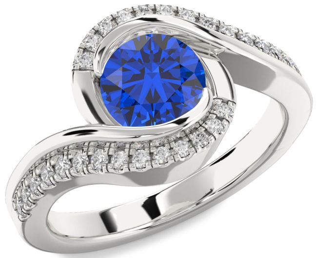 Diamond Blue Sapphire Silver Round Solitaire Engagement Ring