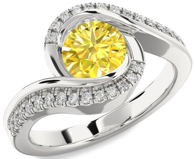 Yellow Diamond Silver Round Solitaire Engagement Ring