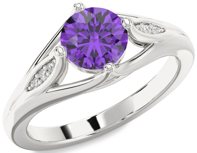 Diamond Amethyst Silver Round Solitaire Engagement Ring