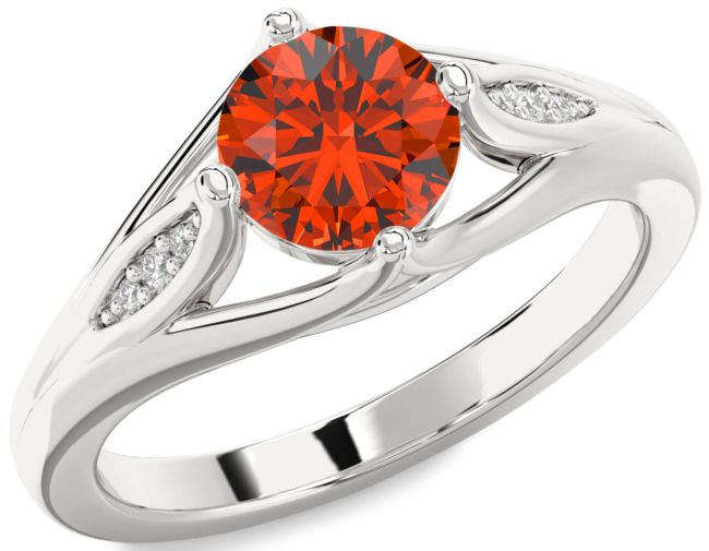 Diamond Fire Opal Silver Round Solitaire Engagement Ring