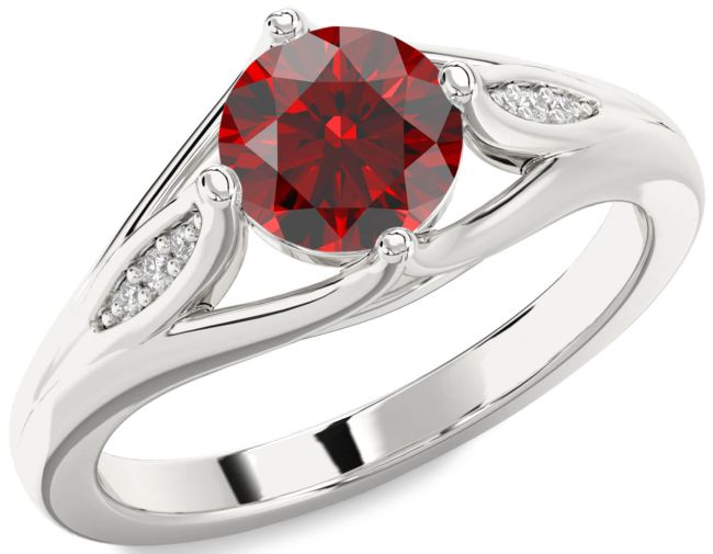 Diamond Garnet Silver Round Solitaire Engagement Ring