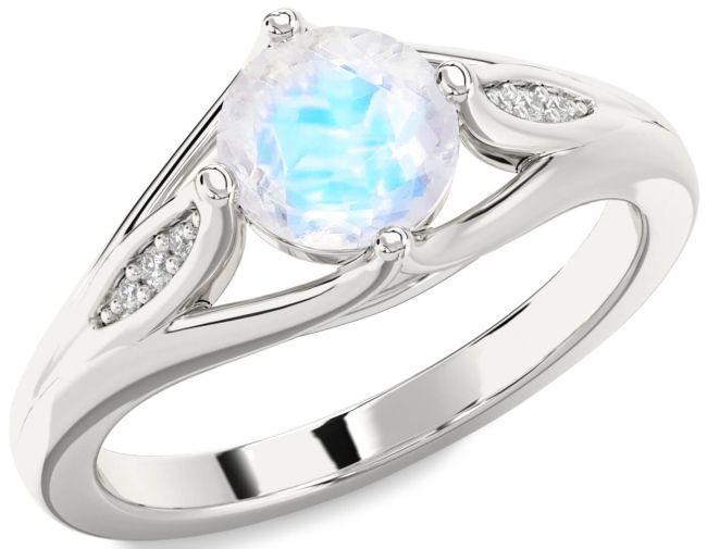 Diamond Moonstone Silver Round Solitaire Engagement Ring
