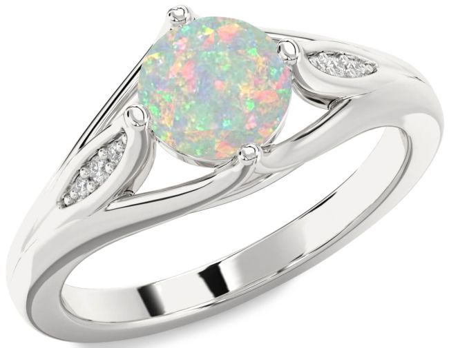 Diamond Opal Silver Round Solitaire Engagement Ring