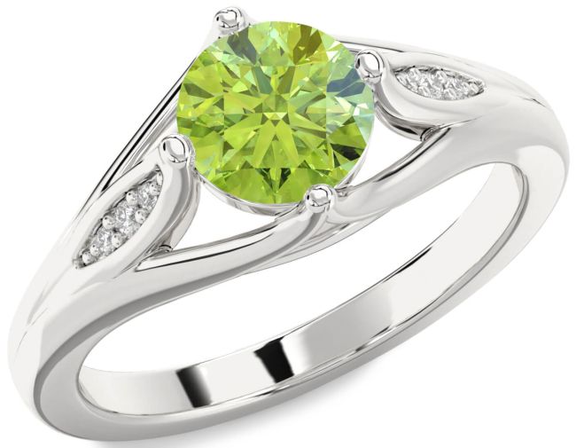 Diamond Peridot Silver Round Solitaire Engagement Ring