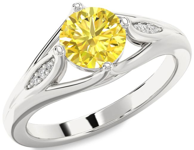 Yellow Diamond Silver Round Solitaire Engagement Ring