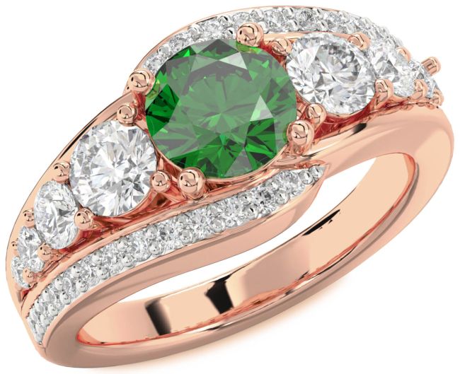 Diamond Emerald Rose Gold Silver Round Engagement Ring