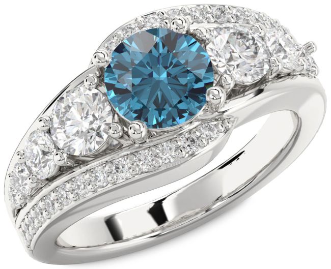 Blue Diamond Silver Round Engagement Ring
