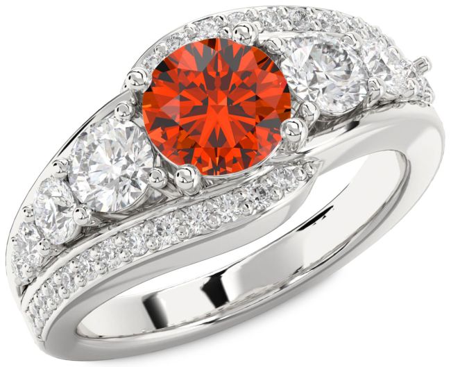 Diamond Fire Opal Silver Round Engagement Ring