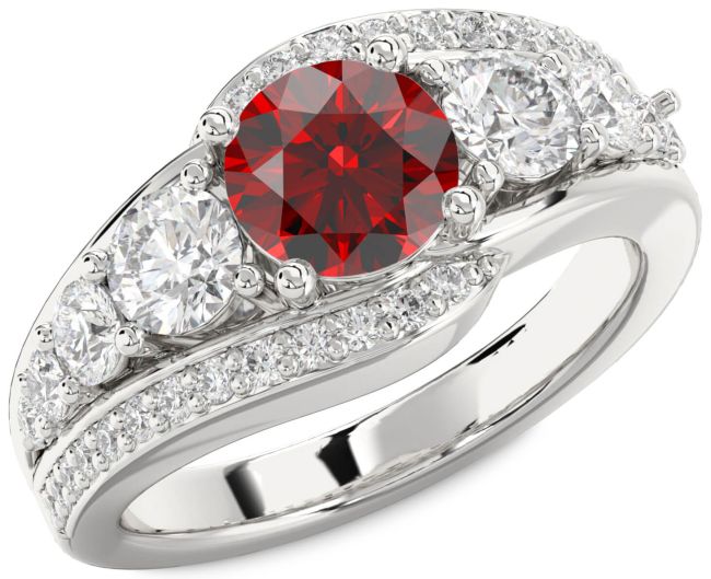 Diamond Garnet Silver Round Engagement Ring