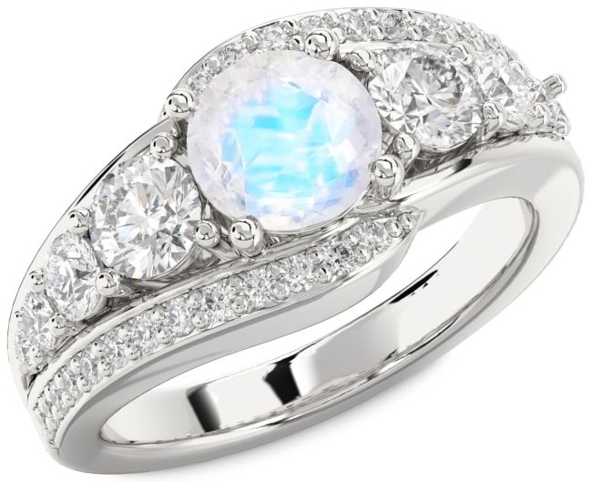 Diamond Moonstone Silver Round Engagement Ring