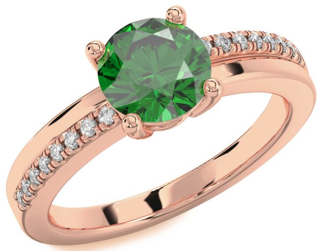 Diamond Emerald Rose Gold Round Solitaire Engagement Ring