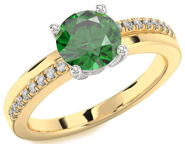 Diamond Emerald White Yellow Gold Round Solitaire Engagement Ring