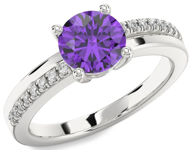 Diamond Amethyst Silver Round Solitaire Engagement Ring