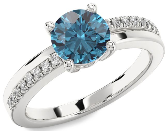 Blue Diamond Silver Round Solitaire Engagement Ring
