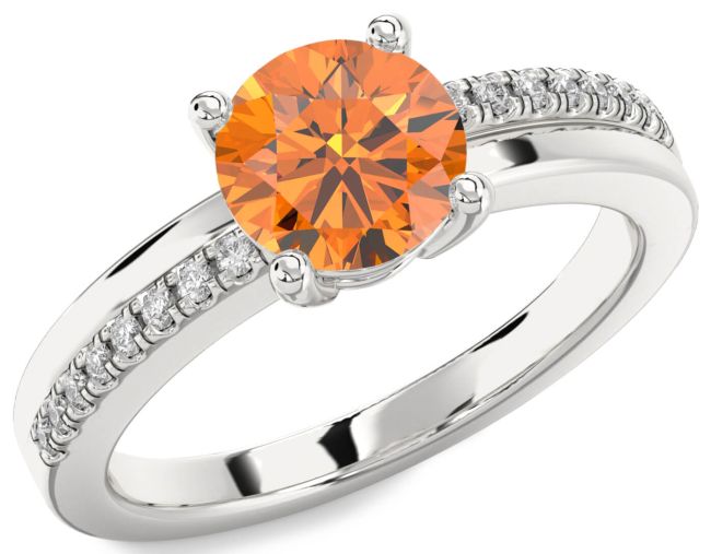 Diamond Citrine Silver Round Solitaire Engagement Ring